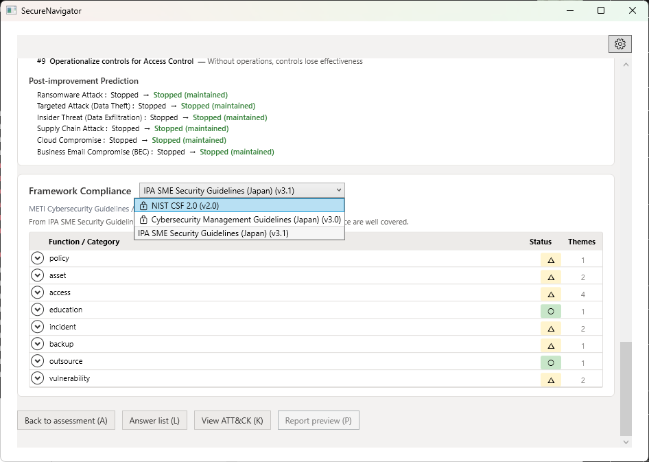 Framework dropdown in Free edition with lock icons on METI Guidelines and NIST CSF