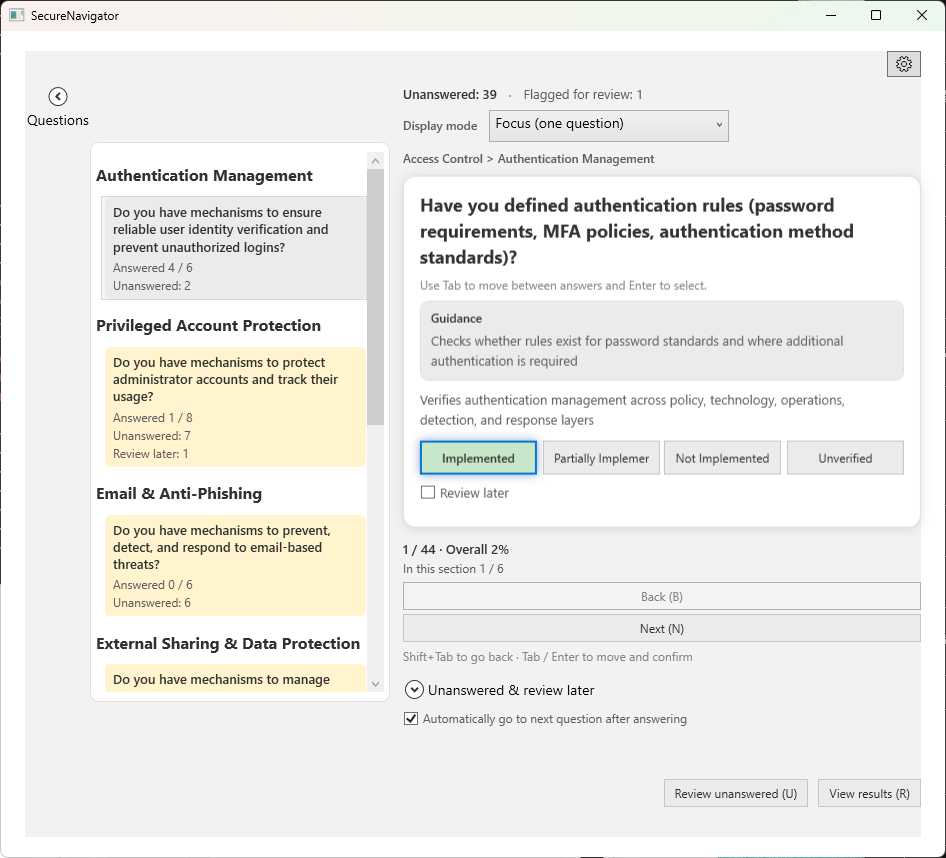 Hearing screen showing a question in card format with outline panel and four answer buttons