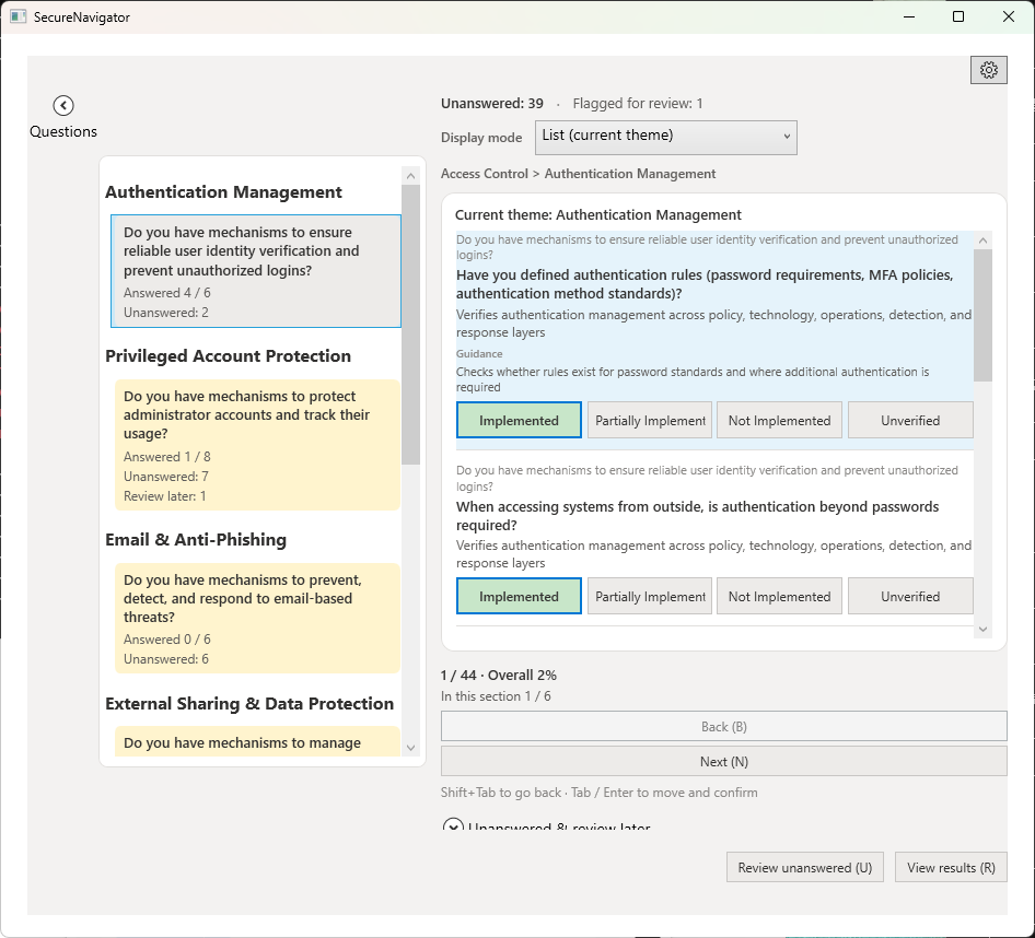 List mode view showing multiple questions in a list format with answer options beside each question