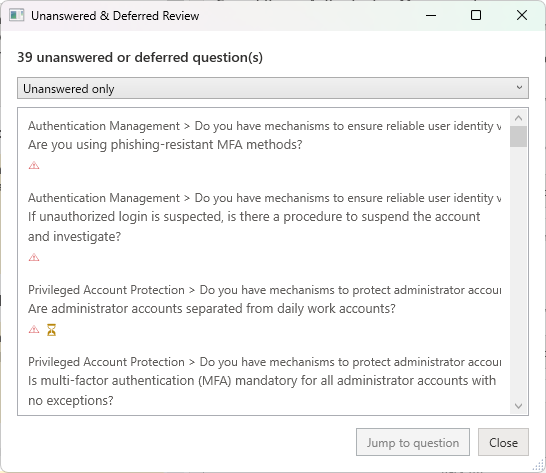 Unanswered review window showing questions that still need answers