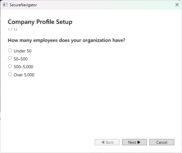 Profile wizard for entering industry, employee count, and IT environment overview