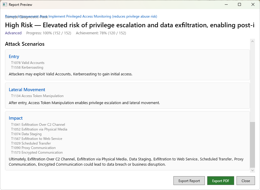 Full report preview showing attack scenarios section
