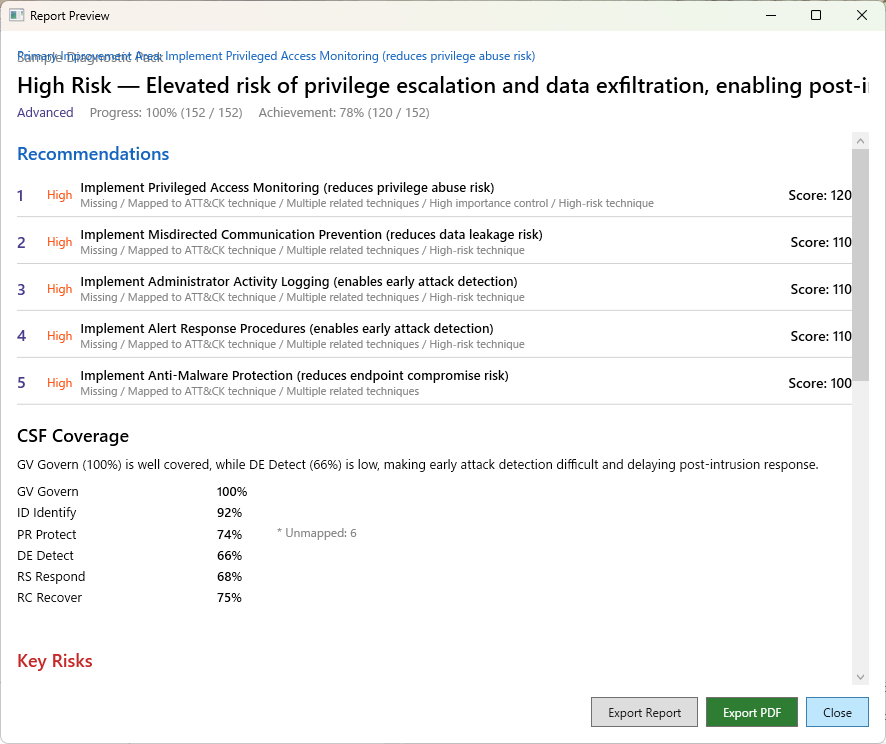 Report preview screen showing recommendations and CSF compliance