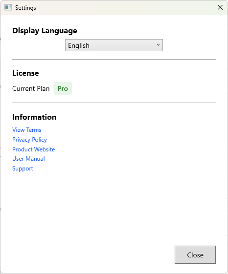 Settings screen showing language settings, license information, and Pro mode settings